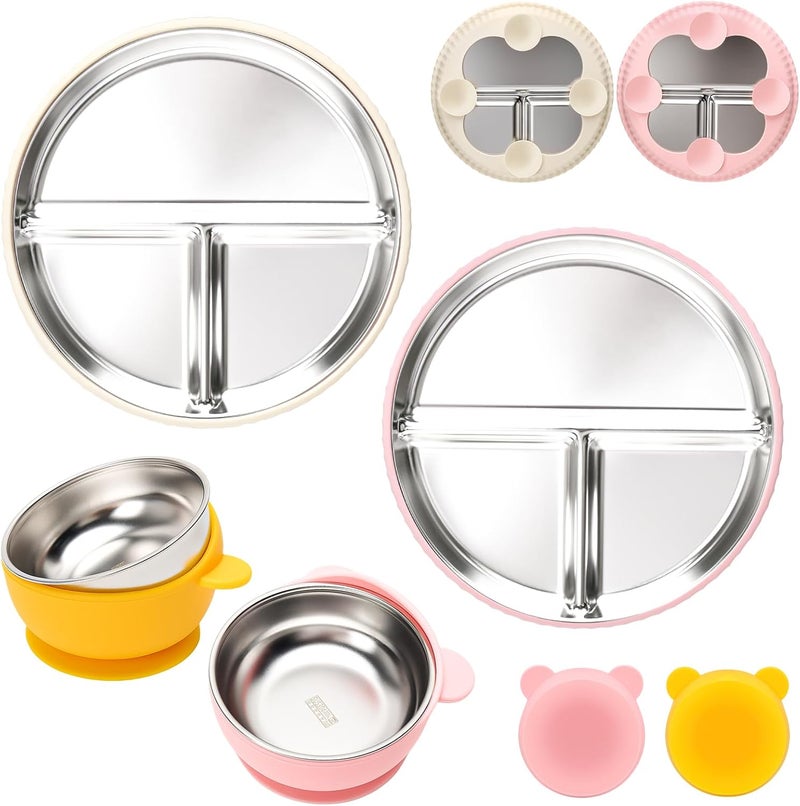 mislili Stainless Steel Kids Plates and Bowls with Suction, Divided Baby Plate and Toddler Bowl with Removable Silicone Suction, Non-Slip Baby Feeding Set Dishwasher Safe, 4 Packs - Image 1